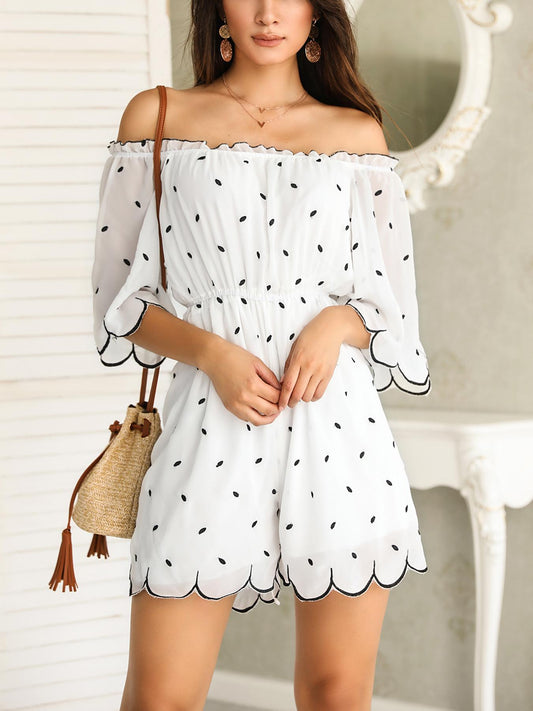 Off Shoulder Scalloped Hem Casual Rompers - DadHats2ow6ix