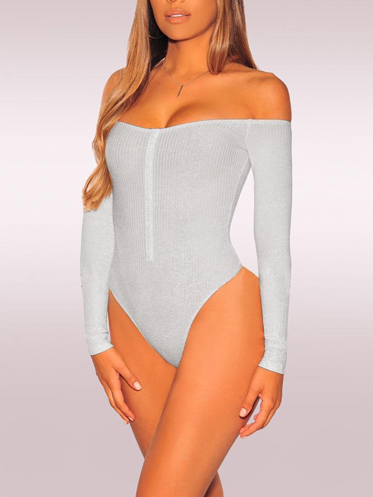 Off Shoulder Rib Button Detail Bodysuit - DadHats2ow6ix