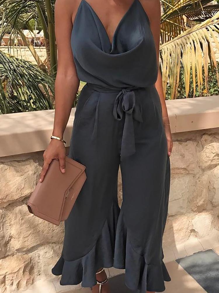 Sexy Cowl Neck Ruffles Hem Wide Leg Jumpsuit - DadHats2ow6ix