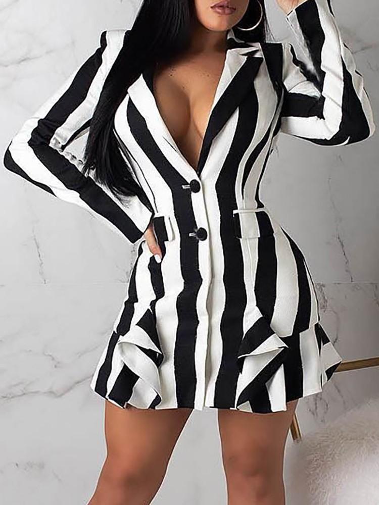 Colorblock Striped Ruffles Detail Blazer Dress - DadHats2ow6ix