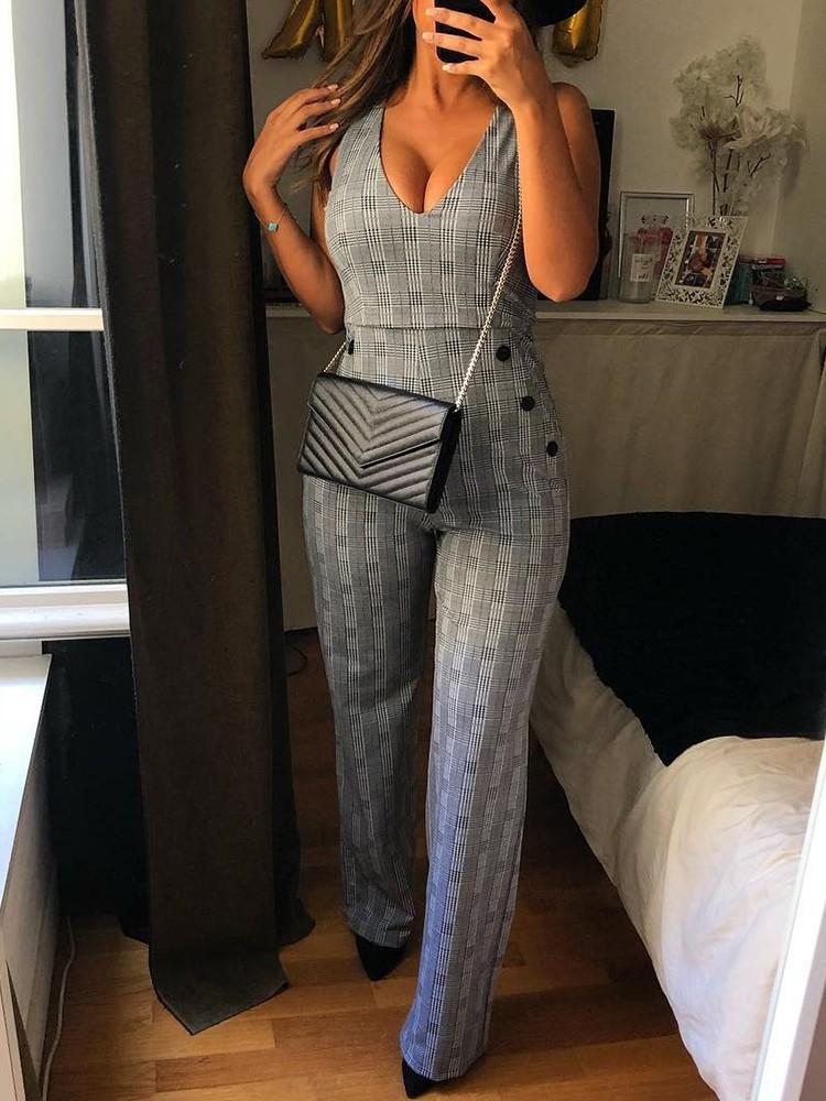 Plaid Print Side Button Design Jumpsuit - DadHats2ow6ix