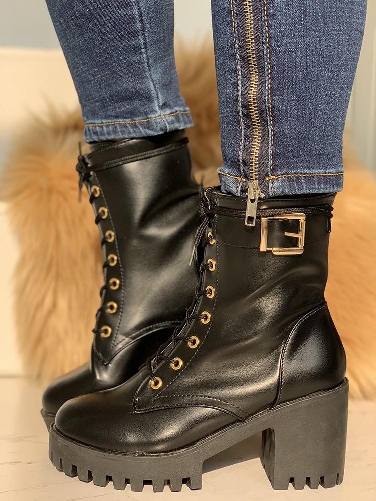 PU Platform Eyelet Lace-Up Chunky Heeled Boots - DadHats2ow6ix