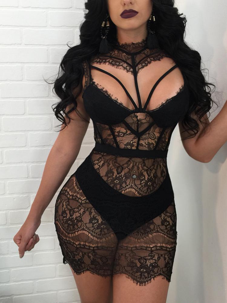 See Through Eyelash Lace Cut Out Mini Dress - DadHats2ow6ix