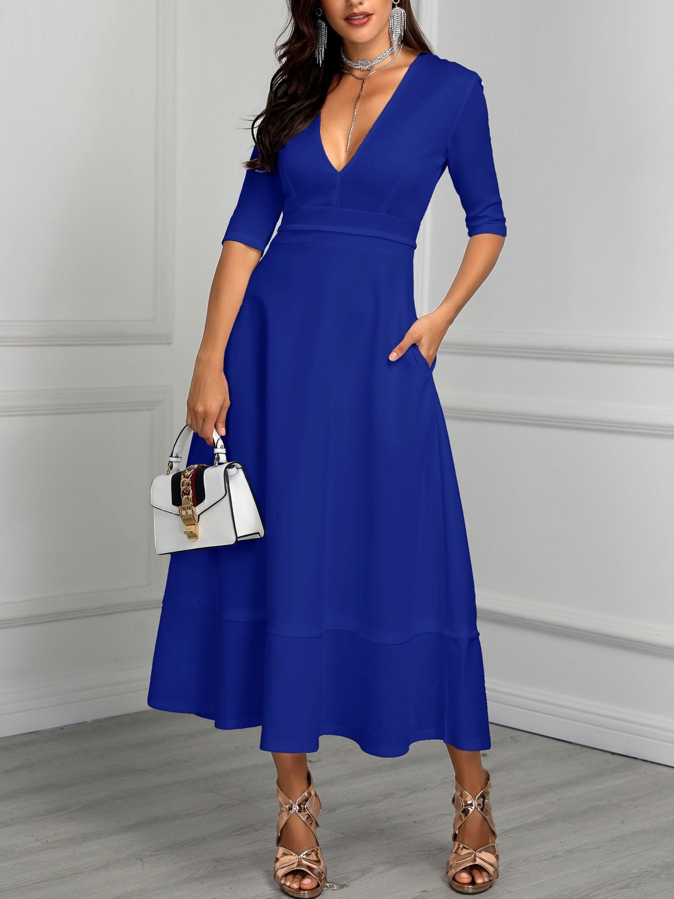 New Style Pleated Deep V Neck High Waist Maxi Dress - DadHats2ow6ix