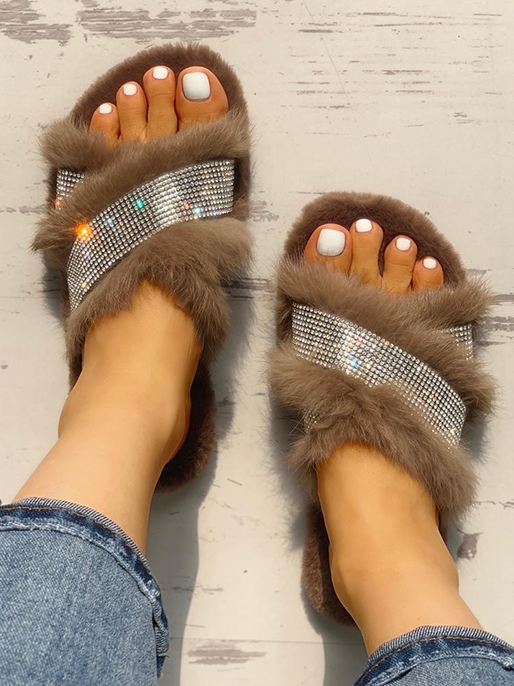 Shiny Fluffy Embellished Open Toe Mules - DadHats2ow6ix