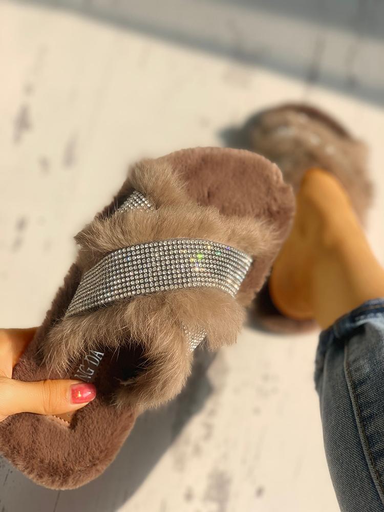 Shiny Fluffy Embellished Open Toe Mules - DadHats2ow6ix