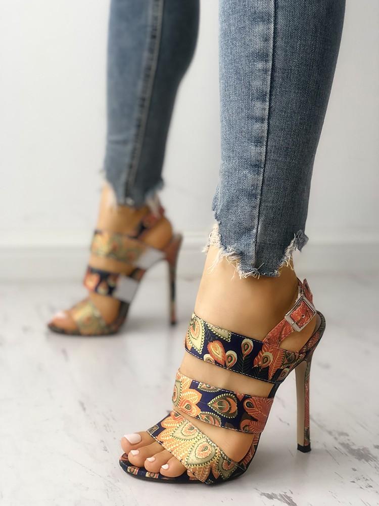 Peacock Feather Print Bandage Thin Heeled Sandals - DadHats2ow6ix