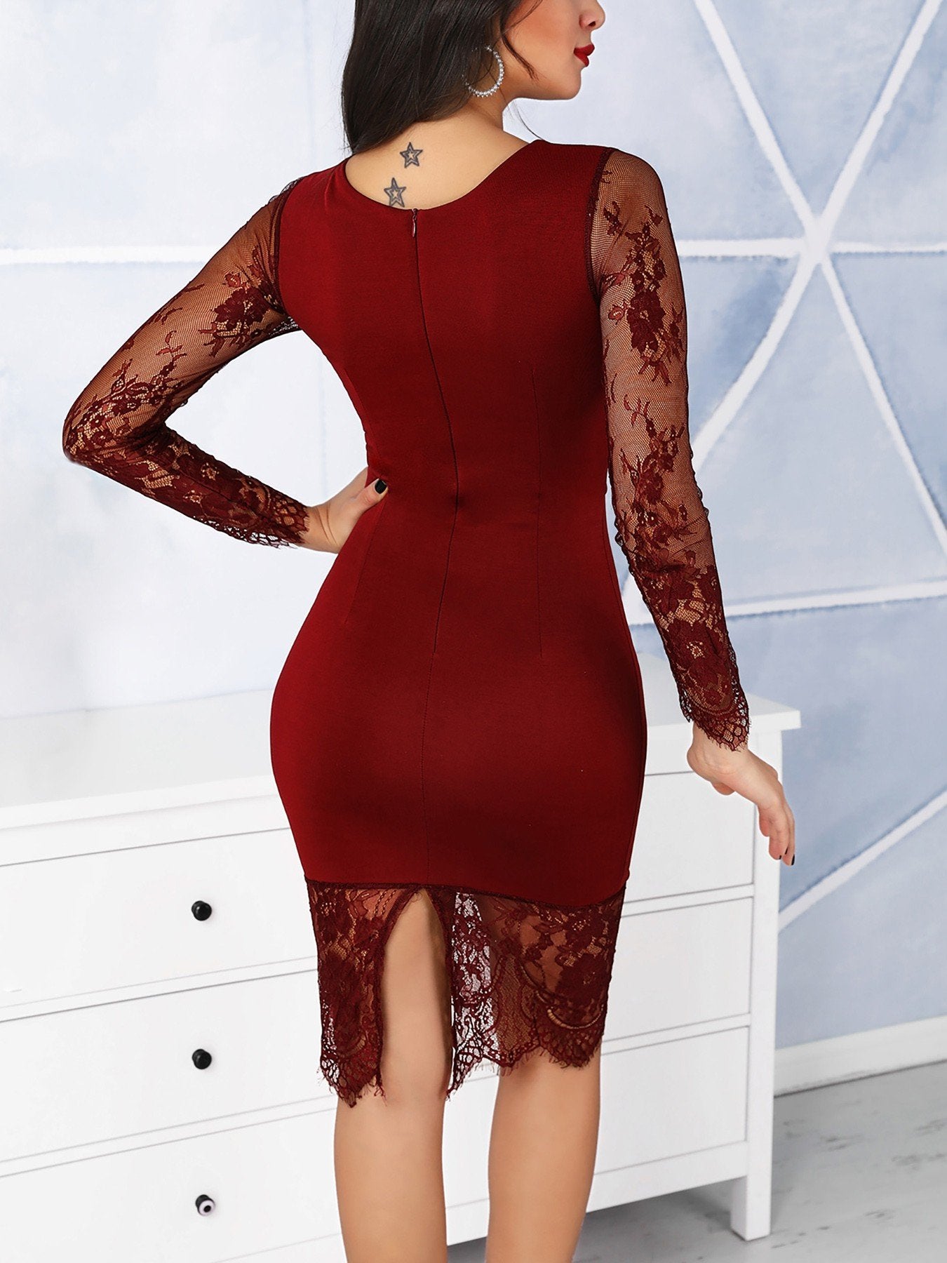 Knot Waist Slit Back Lace Dress - DadHats2ow6ix