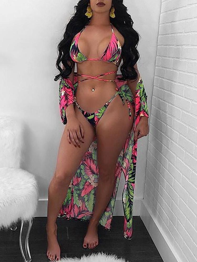 3Pcs Print Crisscross Bikini&Cover Ups Swimwear Set - DadHats2ow6ix