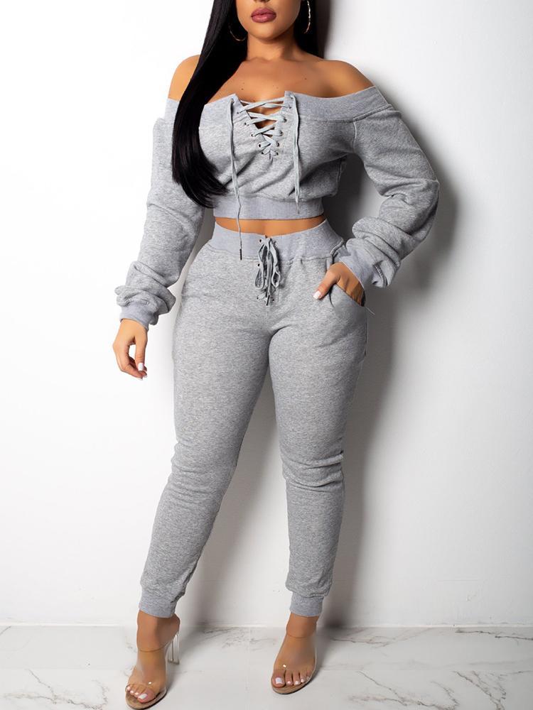 Lace-Up Design Off Shoulder Sweatshirt & Pant Sets - DadHats2ow6ix