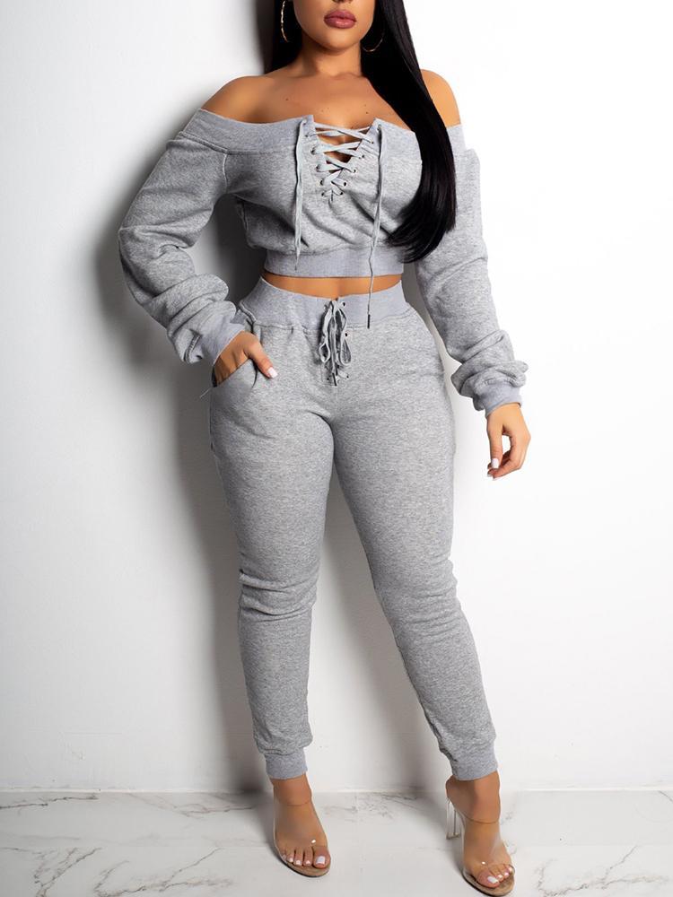 Lace-Up Design Off Shoulder Sweatshirt & Pant Sets - DadHats2ow6ix