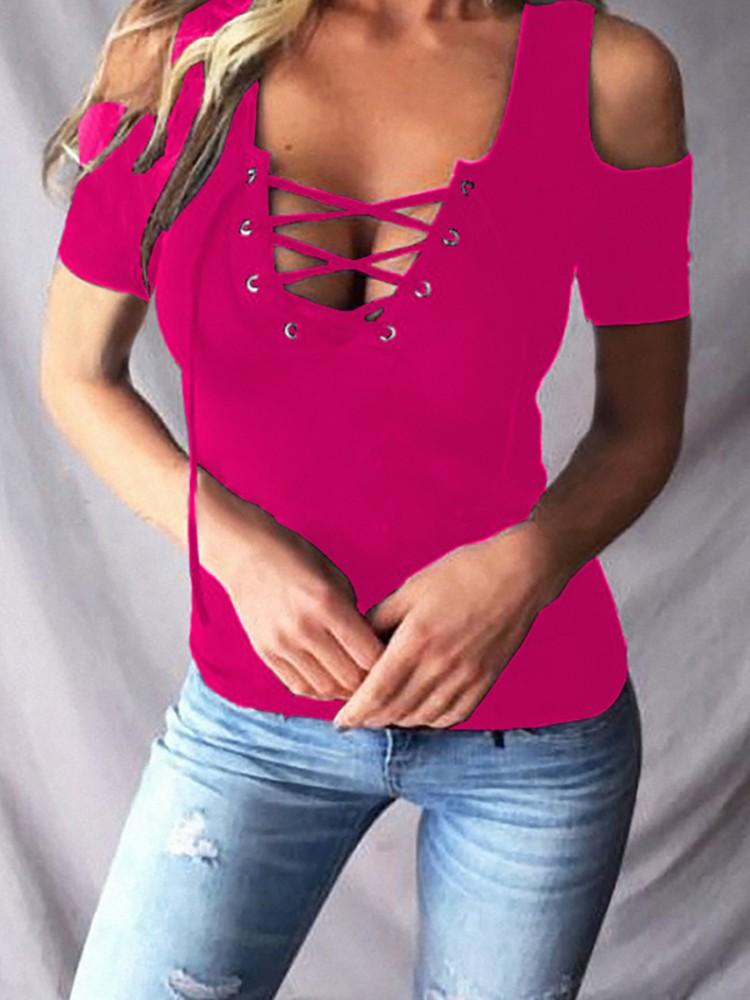 Sexy Cold Shoulder Lace-up Slinky Basic Top - DadHats2ow6ix