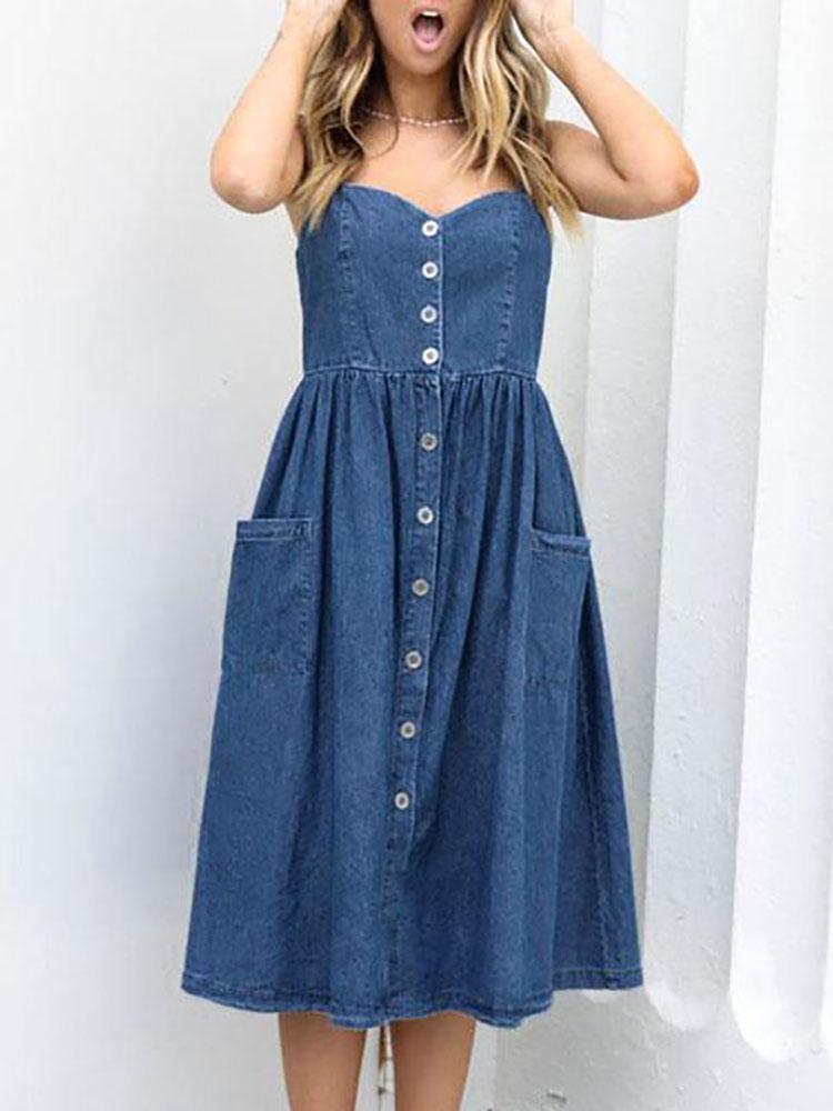 Denim Button Design Pocket Design Dress - DadHats2ow6ix