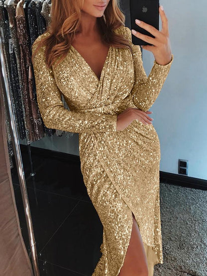Wrap Ruched Irregular Sequin Party Dresses - DadHats2ow6ix