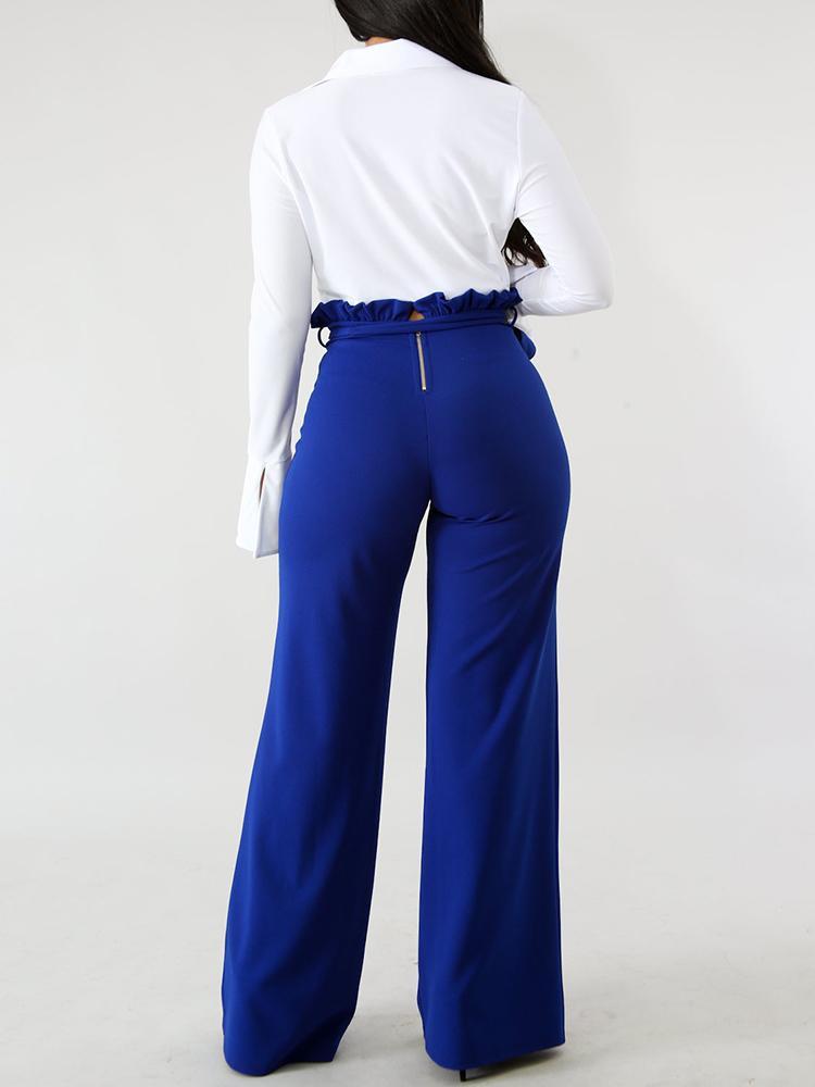 Solid Frills Belted Wide Leg Pants - DadHats2ow6ix