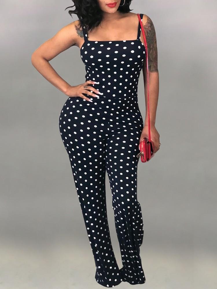 Dots Print Spaghetti Strap Flared Jumpsuit - DadHats2ow6ix