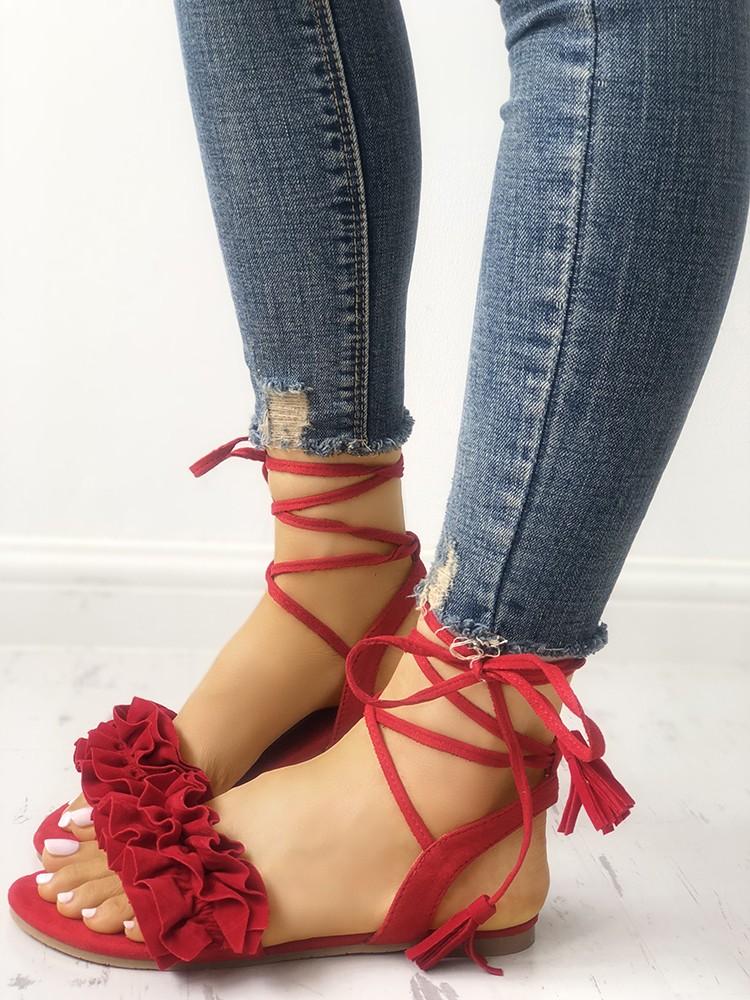 Frills Tassel Embellished Strappy Flat Sandals - DadHats2ow6ix