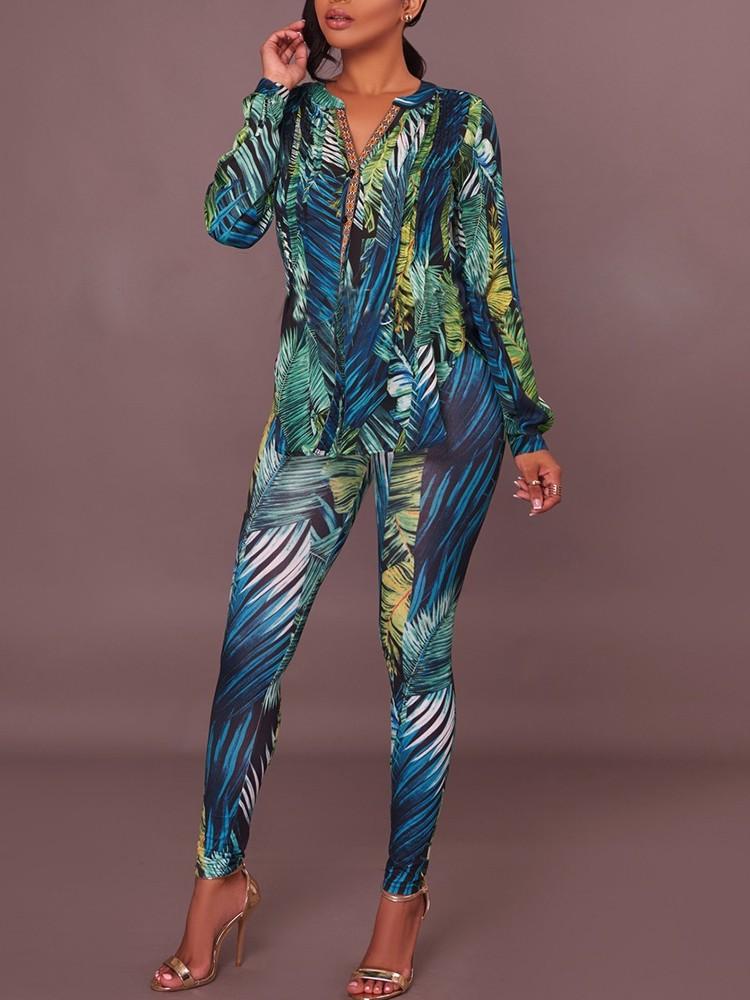 Sexy V Neck Print Skinny Pantsuit - DadHats2ow6ix