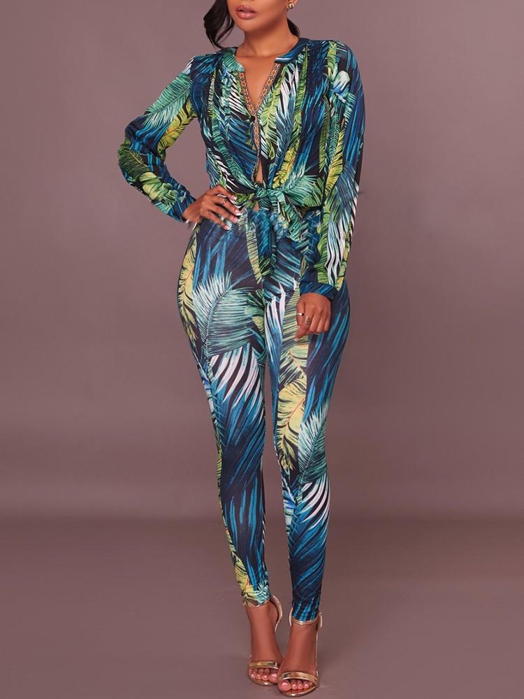 Sexy V Neck Print Skinny Pantsuit - DadHats2ow6ix