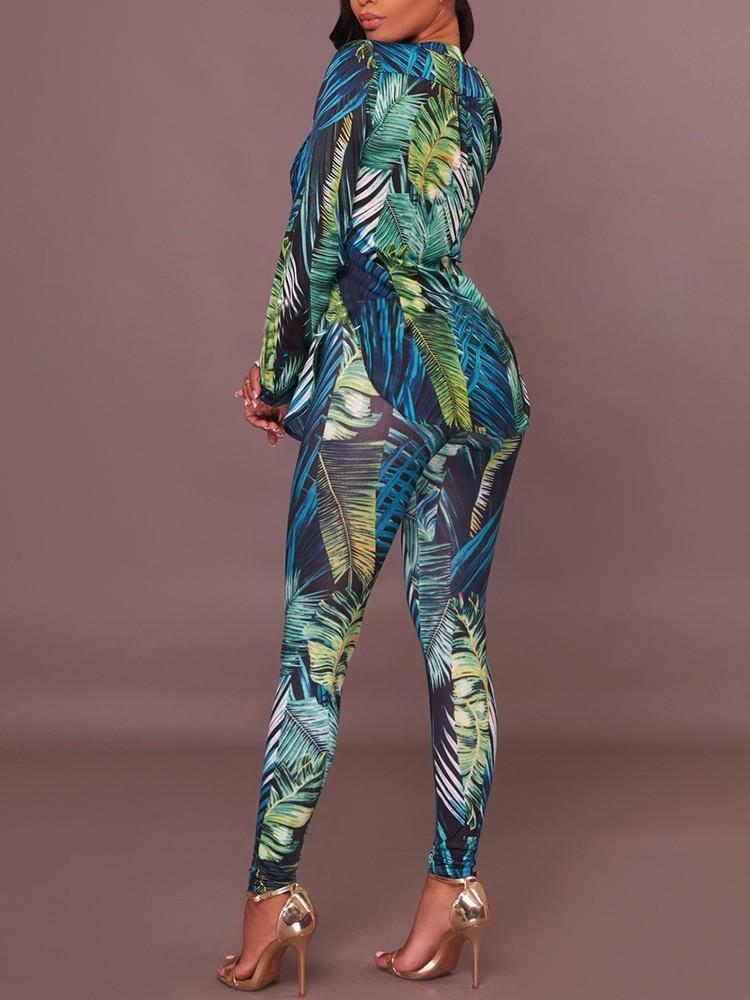 Sexy V Neck Print Skinny Pantsuit - DadHats2ow6ix