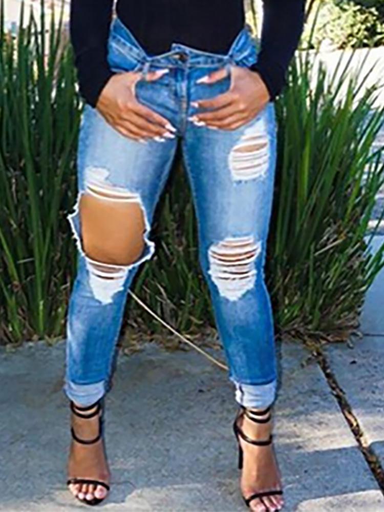 Denim Holey Fringes Distressed Pencil Pants - DadHats2ow6ix