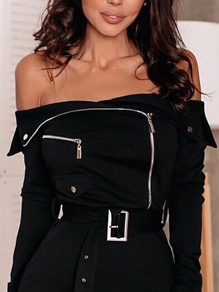 Off Shoulder Zipper Design Belted Dress - DadHats2ow6ix