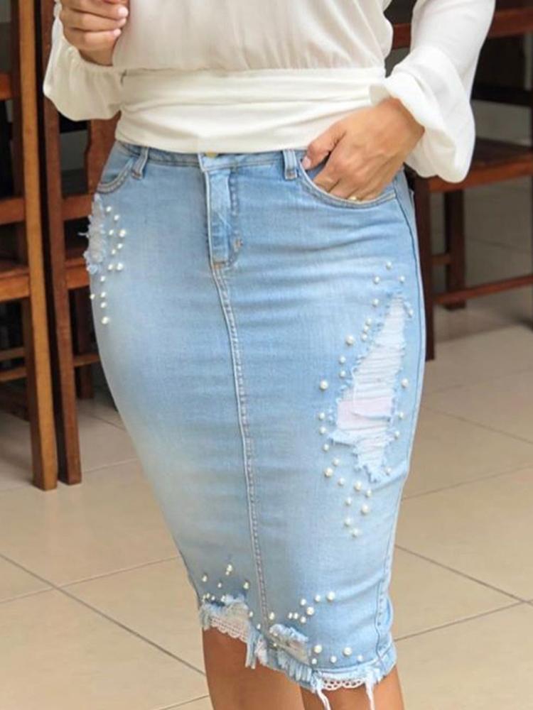 Denim Bead Embellished Distressed Slinky Skirt - DadHats2ow6ix