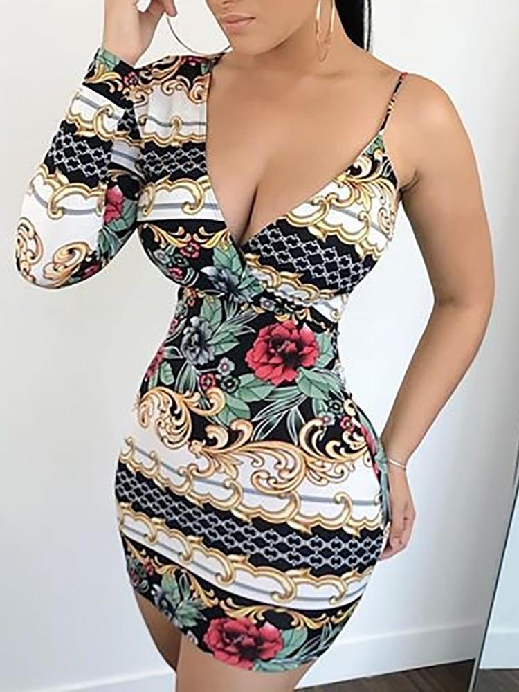 One Shoulder Vintage Floral Pattern Cocktail Dress - DadHats2ow6ix