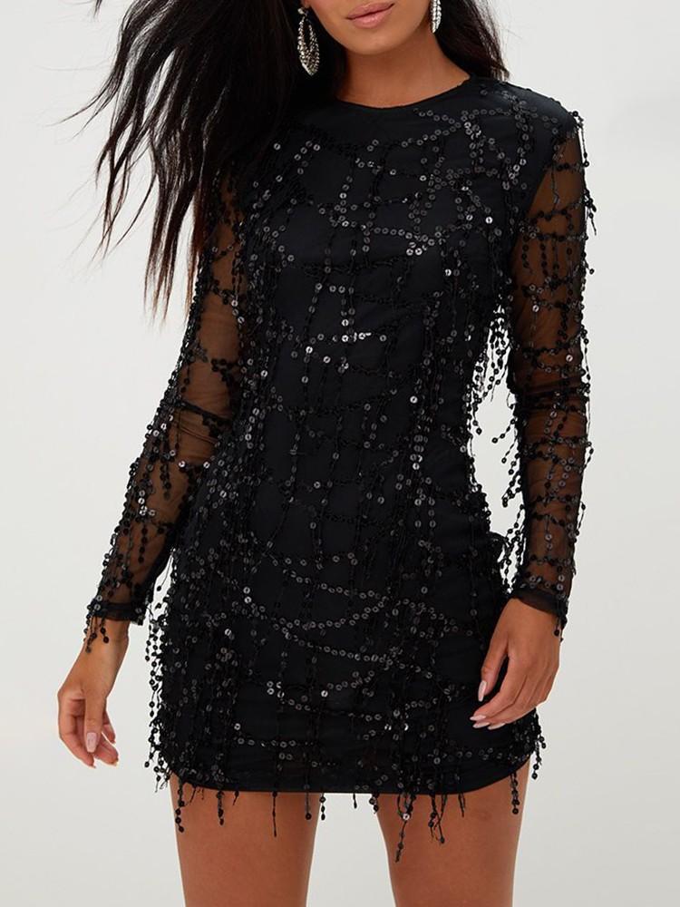 Long Sleeve Mesh Splicing Tassel Sequins Dress - DadHats2ow6ix