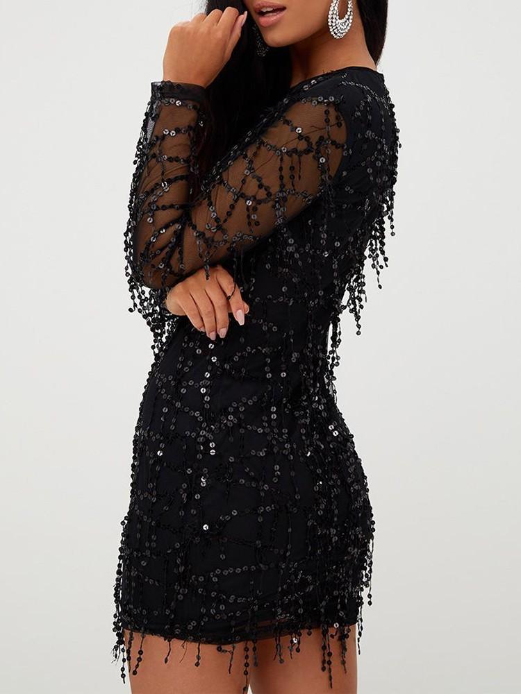 Long Sleeve Mesh Splicing Tassel Sequins Dress - DadHats2ow6ix