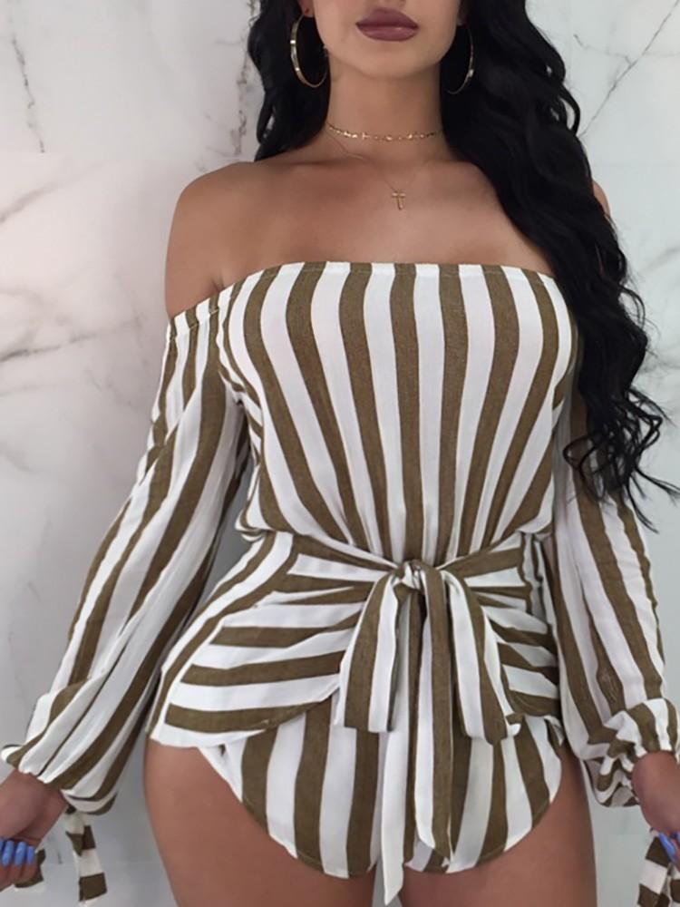 Sexy Off Shoulder Striped Belted Playsuit - DadHats2ow6ix