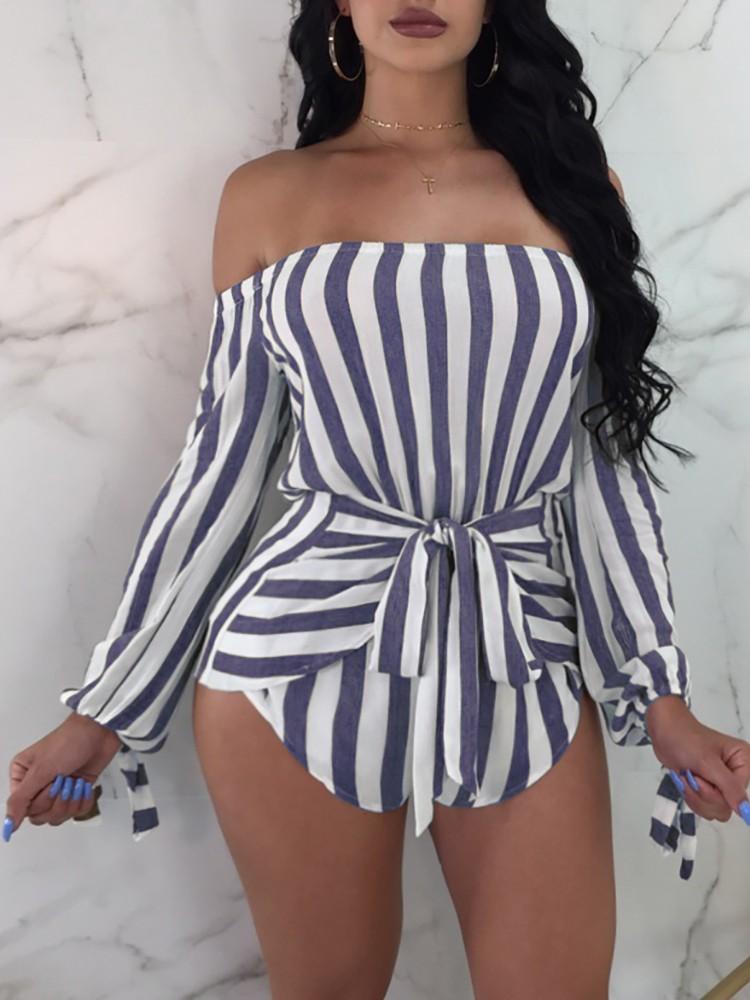 Sexy Off Shoulder Striped Belted Playsuit - DadHats2ow6ix