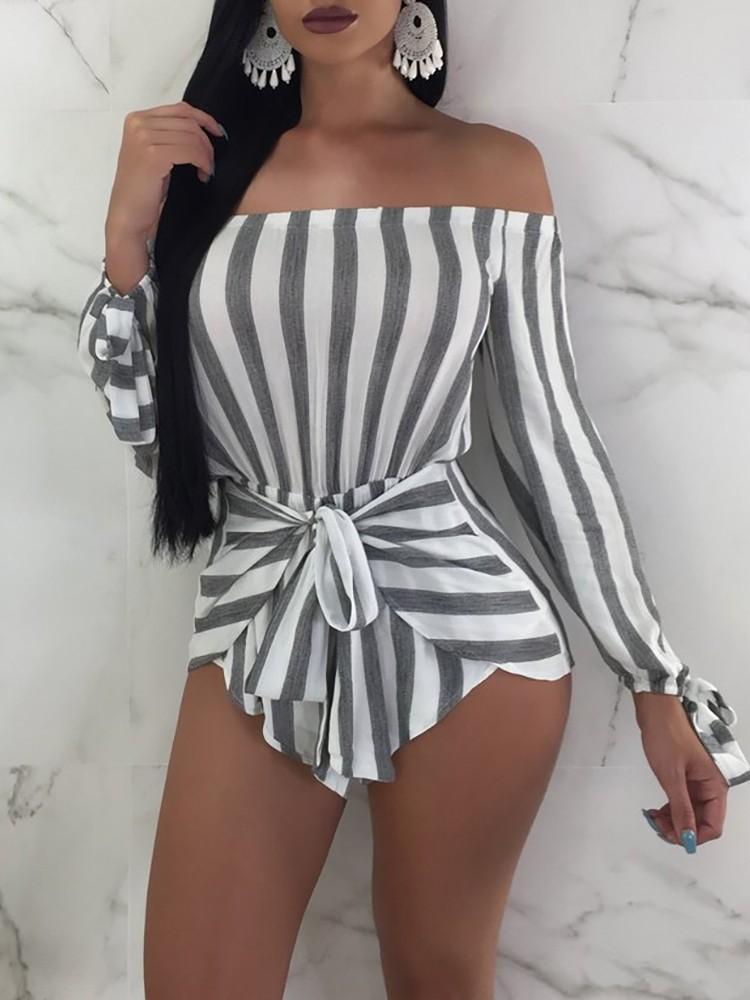 Sexy Off Shoulder Striped Belted Playsuit - DadHats2ow6ix