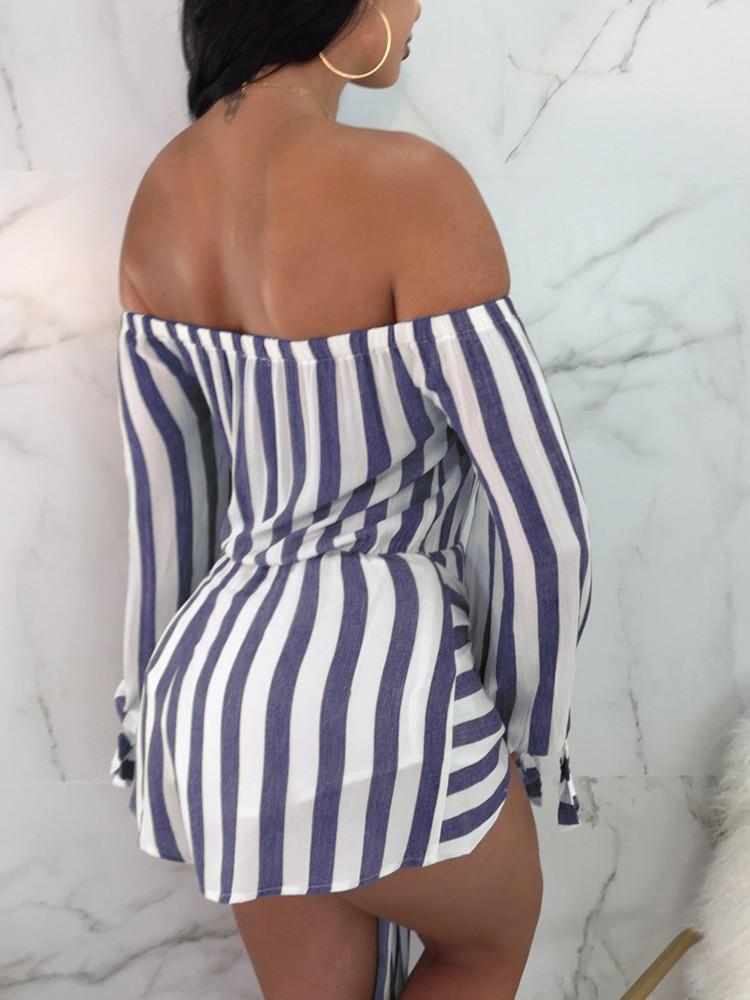 Sexy Off Shoulder Striped Belted Playsuit - DadHats2ow6ix