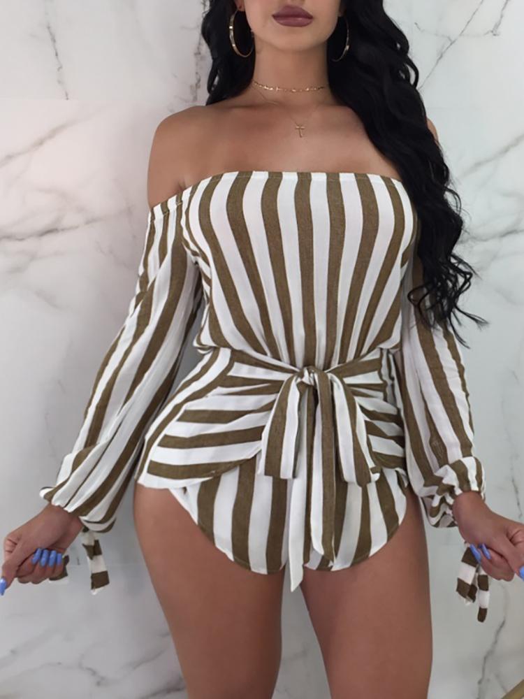 Sexy Off Shoulder Striped Belted Playsuit - DadHats2ow6ix