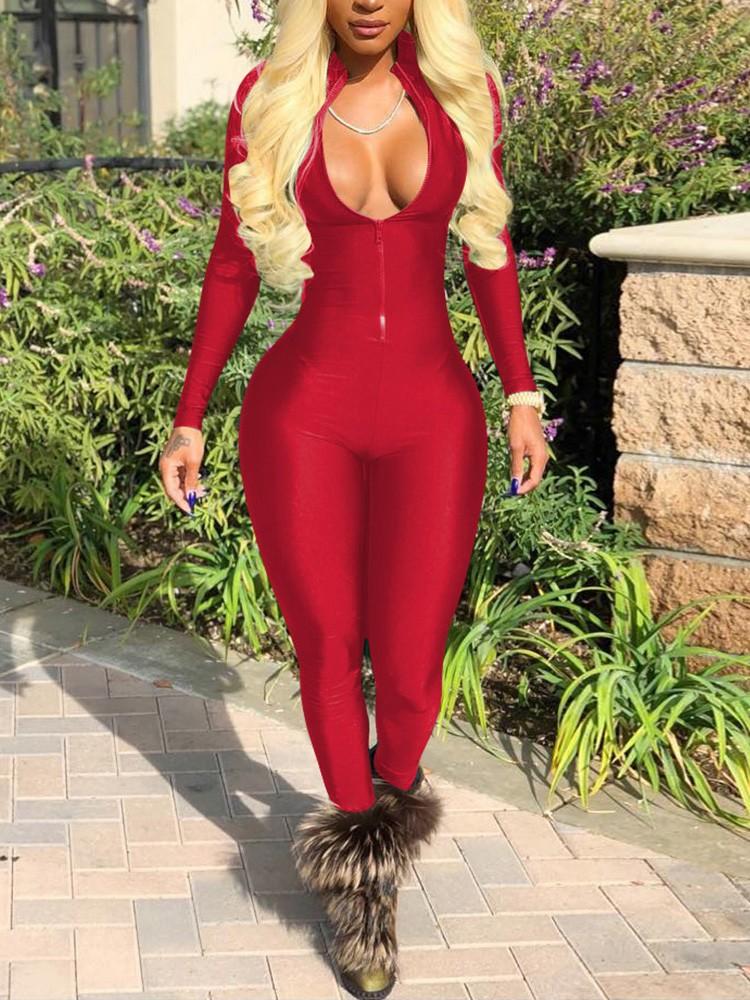 Cut Out Front Zipper Slinky Jumpsuit - DadHats2ow6ix