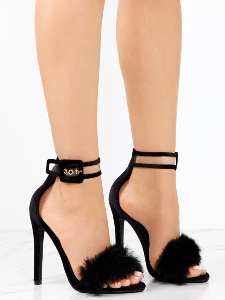 Sexy Faux Fur Anklet Buckles Heeled Sandals - DadHats2ow6ix