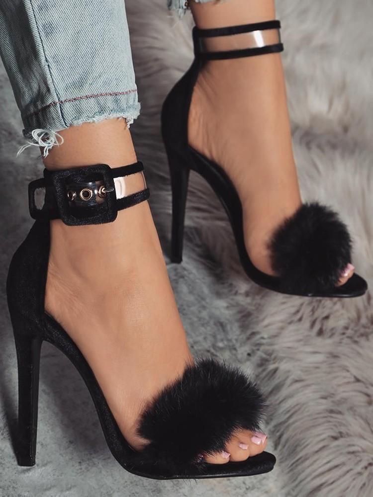 Sexy Faux Fur Anklet Buckles Heeled Sandals - DadHats2ow6ix