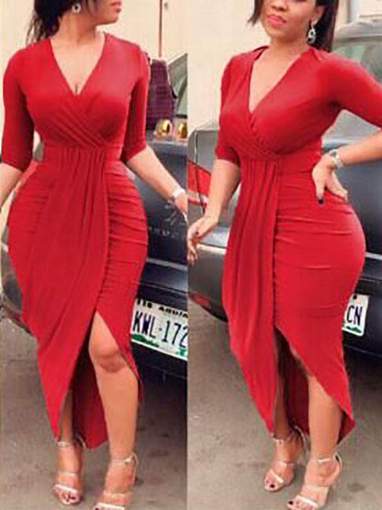 Long Sleeve Deep V Neck Split Ruched Wrap Bodycon Dress Cocktail Dress - DadHats2ow6ix