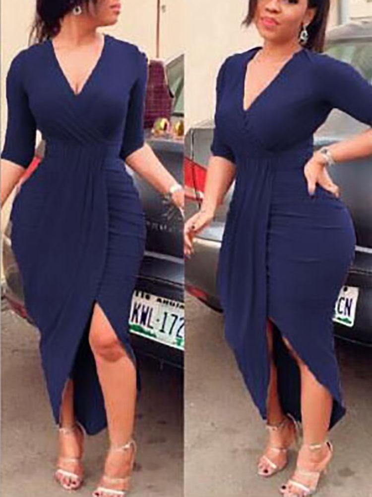 Long Sleeve Deep V Neck Split Ruched Wrap Bodycon Dress Cocktail Dress - DadHats2ow6ix