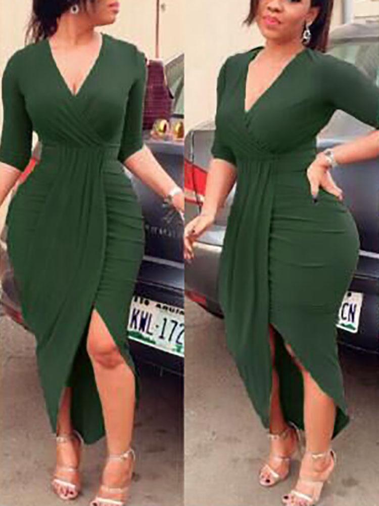 Long Sleeve Deep V Neck Split Ruched Wrap Bodycon Dress Cocktail Dress - DadHats2ow6ix