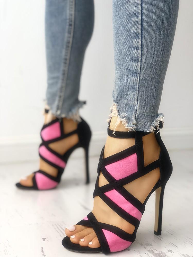 Contrast Color Caged Bandage Heeled Sandals - DadHats2ow6ix