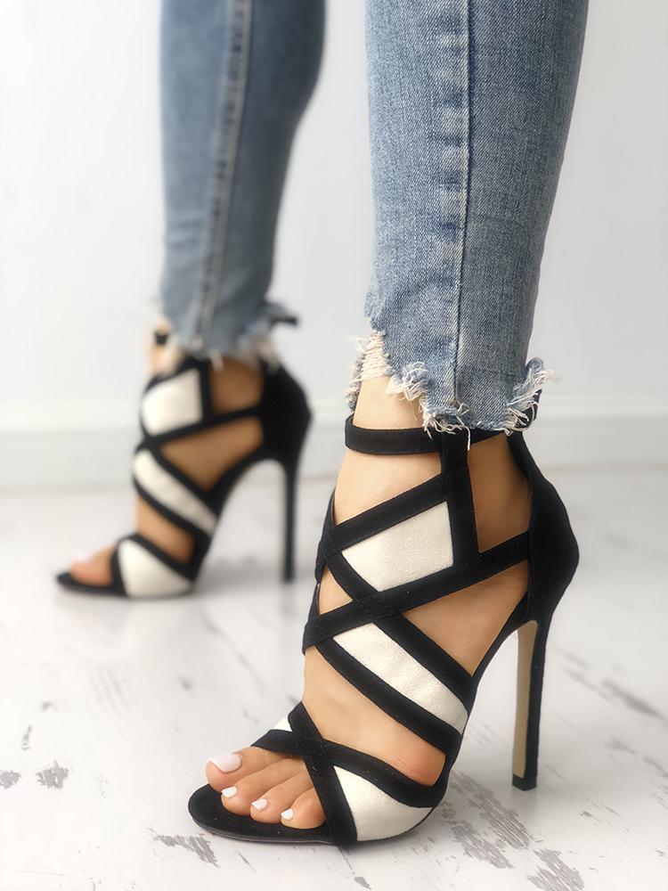 Contrast Color Caged Bandage Heeled Sandals - DadHats2ow6ix