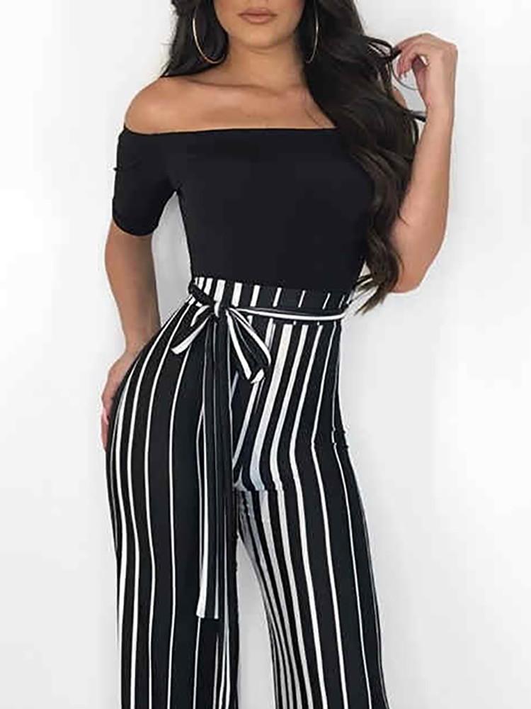 Off Shoulder Striped Splicing Tied Waist Jumpsuit - DadHats2ow6ix