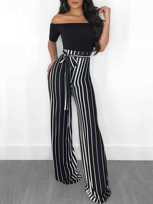 Off Shoulder Striped Splicing Tied Waist Jumpsuit - DadHats2ow6ix