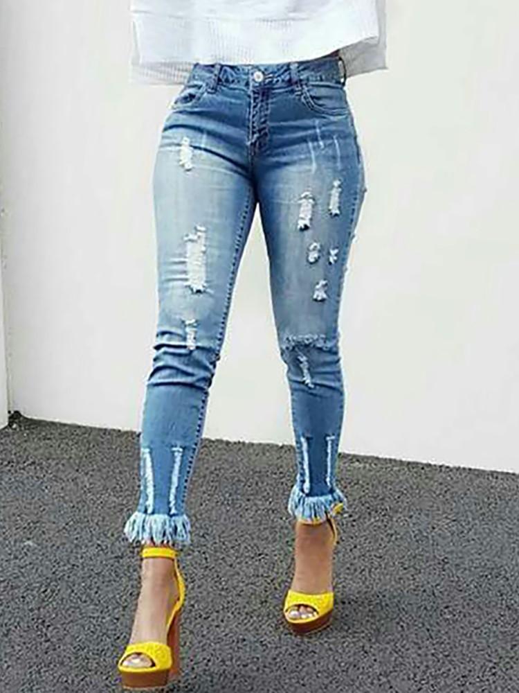 Skinny Holey Fringe Hem High Waist Jeans - DadHats2ow6ix