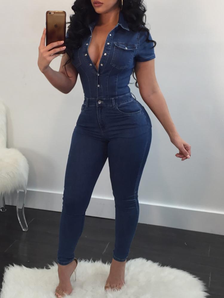 Sexy Pocket Button Design Petite Denim Jumpsuits - DadHats2ow6ix