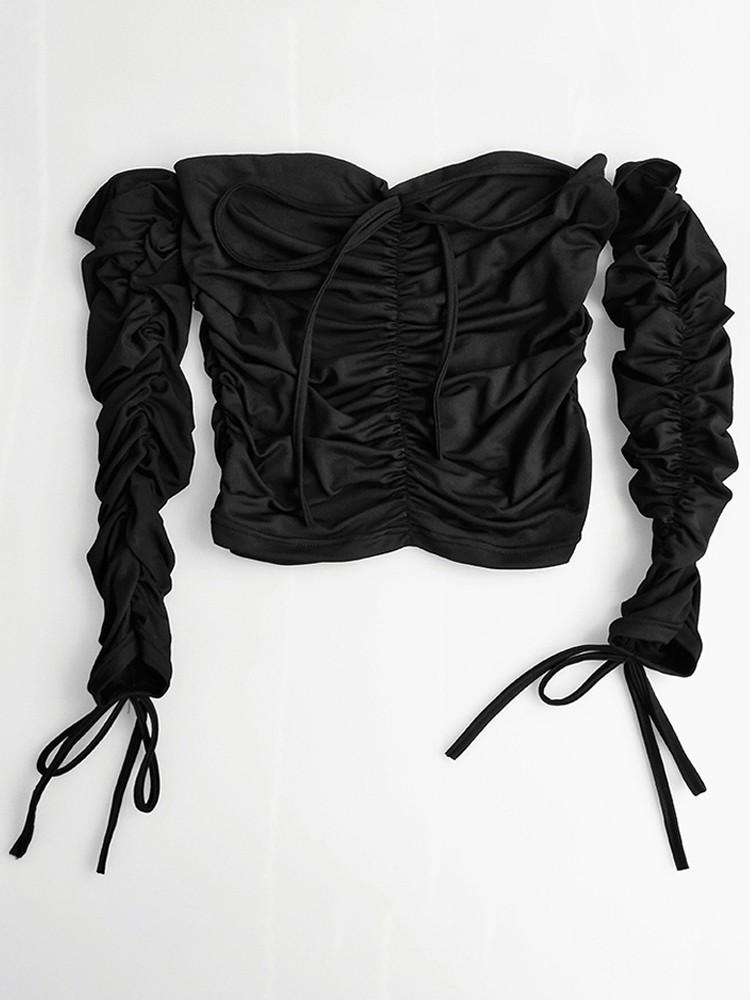 Off Shoulder Ruched Tied Crop Top - DadHats2ow6ix