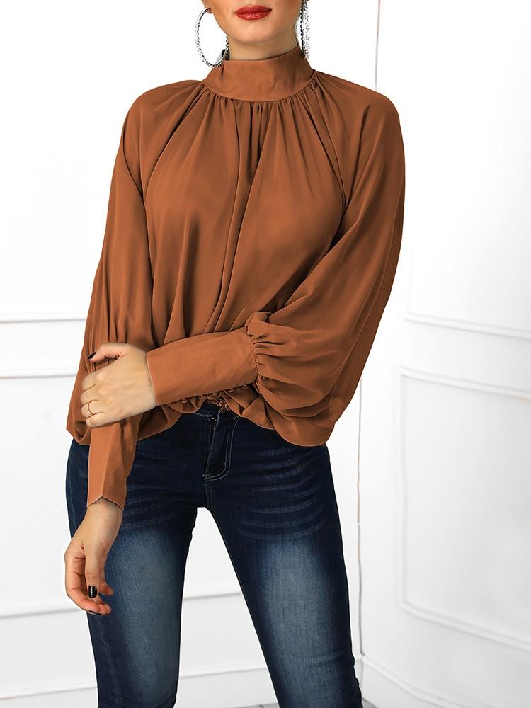 Solid Lantern Sleeve Scrunched Blouse - DadHats2ow6ix