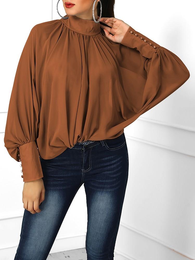 Solid Lantern Sleeve Scrunched Blouse - DadHats2ow6ix